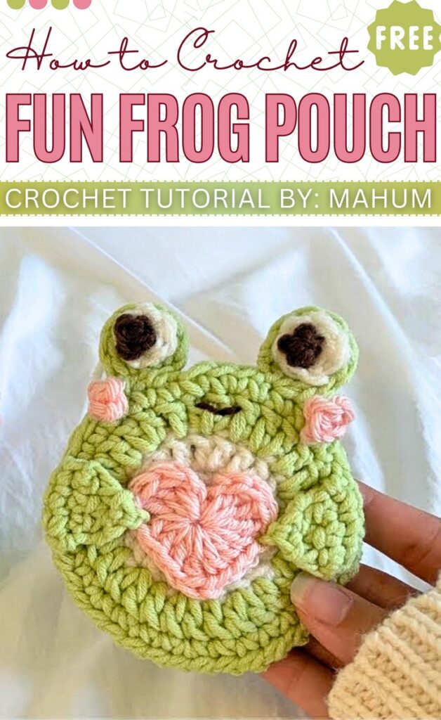 Crochet frog holding a heart pouch