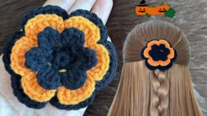 How to Crochet Black & Orange Flower Hair Tie for Halloween