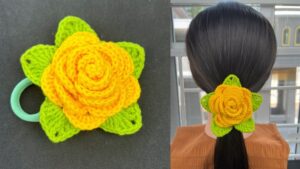 How to Crochet Flower Hair Tie With Layered Petals & Leaves