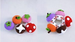 Crochet 5 Fruity Mushroom Keychains (Strawberry, Orange & More)