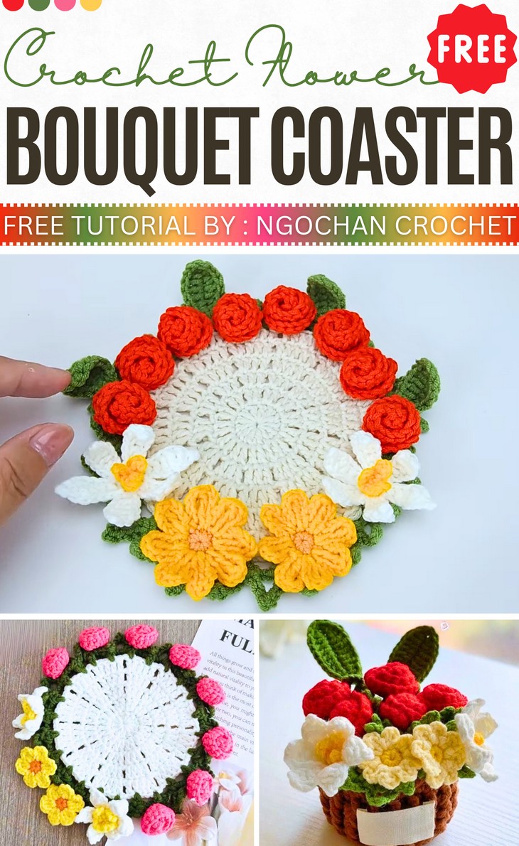 Crochet Flower Bouquet and Coaster Pattern Free (5)