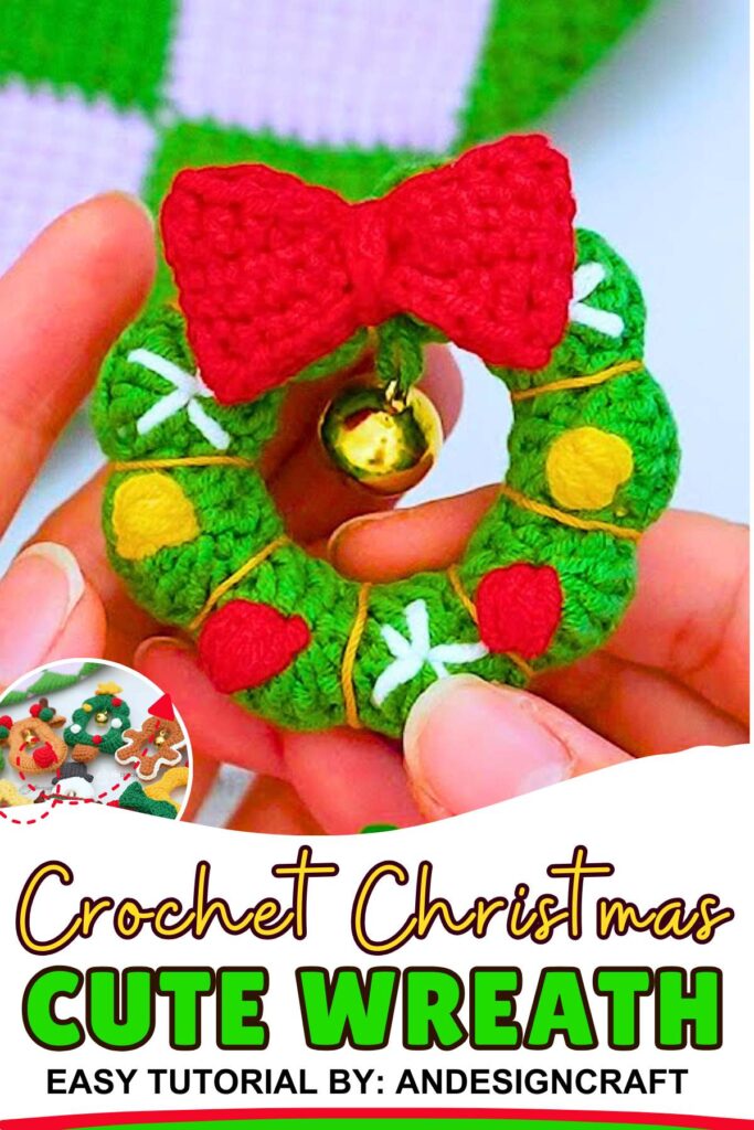 Crochet Christmas Wreath Ornament with Golden Bell
