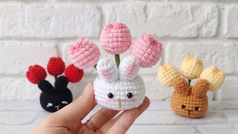 Crochet A Small Bunny with Tulip Flower Pot for Room Decoration