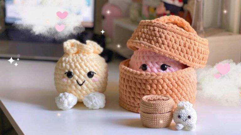 Featuring: The Very First Leggy Dumpling Plushie with a Steamer Basket Pattern
